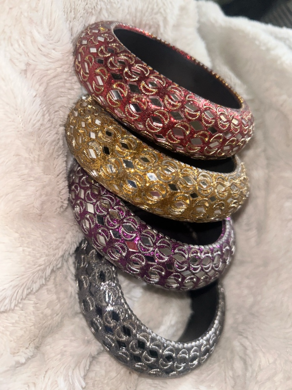 Vintage Stackable Domed Filigree Mirrored Bangle Set - Gold, Silver, Purple, Red